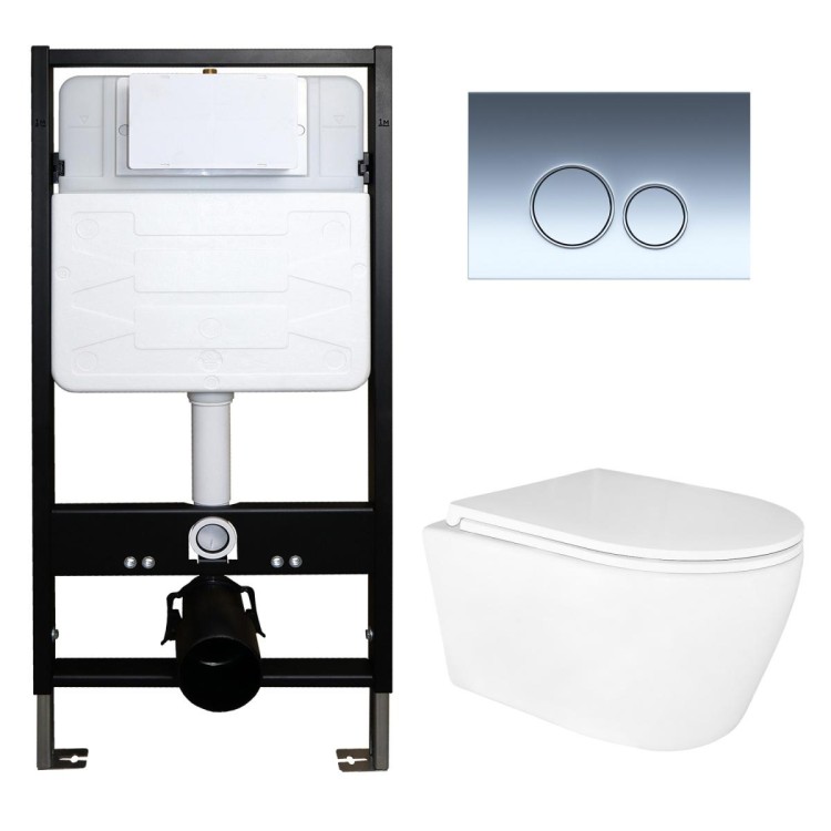 Сет: Инсталляция для подвесного унитаза AZARIO FORTE + подвесной унитаз Azario UNO, безободковый + Кнопка смыва AZARIO FORTE, хром глянцевый (AZ-100-100F+AZ-2380+AZ-100-030F)